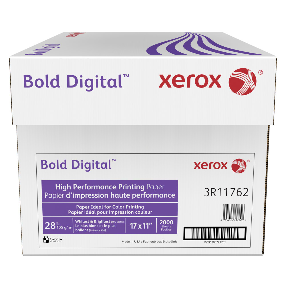 XEROX CORPORATION 3R11762-CS Xerox Bold Digital Printing Paper, Ledger Size (17in x 11in), 100 (U.S.) Brightness, 28 Lb, FSC Certified, 500 Sheets Per Ream, Case Of 4 Reams