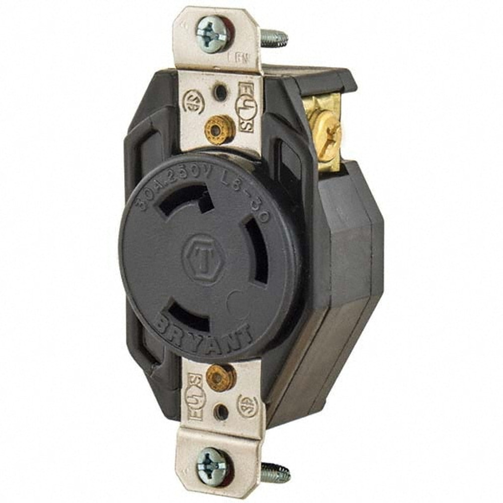 Bryant Electric 70630FR Twist Lock Receptacles; Receptacle/Part Type: Receptacle; Gender: Female; NEMA Configuration: L6-30R; Flange Style: No Flange; Amperage: 30 A; Voltage: 250 V ac; Number Of Poles: 2; Number Of Wires: 3; Maximum Cord Diameter: 2