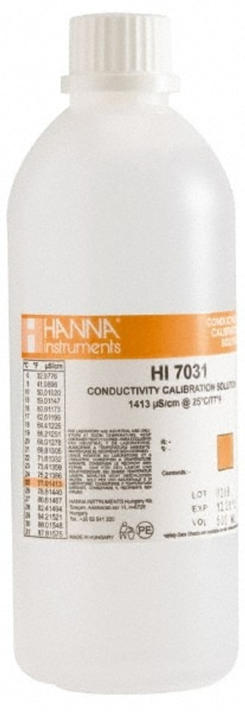 Hanna Instruments HI7031L Conductivity Calibration Solutions & Solutions Sets; Type: Condutivity Calibration Solution ; Conductivity: 1413 5S ; Accuracy (%): 1.0 ; For Calibrating: Conductivity ; Standards: NIST ; Container Size: 500 ml