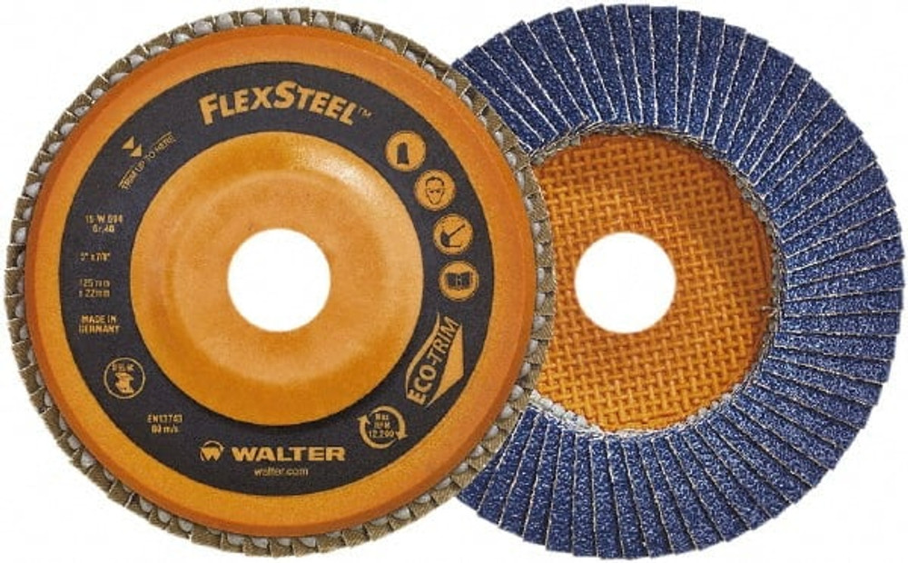 WALTER Surface Technologies 15W454 Flap Disc: 7/8" Hole, 40 Grit, Zirconia Alumina, Type 27