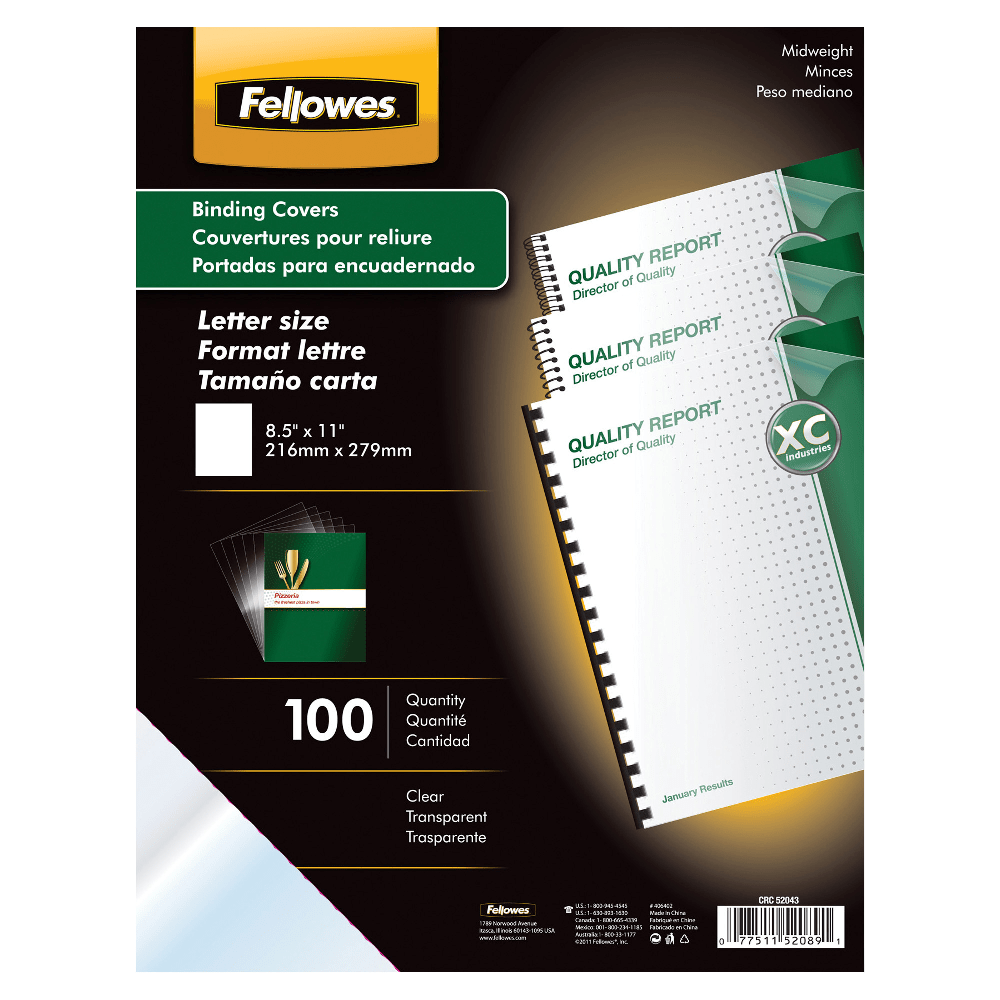 FELLOWES INC. 52089 Fellowes Clear Presentation Binding Covers, 8 1/2in 11in, Clear, Pack Of 100