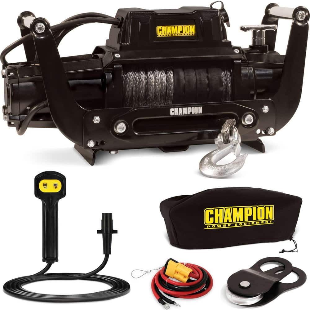 Champion Power Equipment 100427 Automotive Winches; Winch Type: Utility ; Winch Gear Type: Planetary ; Winch Gear Ratio: 216:1 ; Pull Capacity: 12000lb ; Cable Length: 85.000 ; Cable Diameter: .34375in