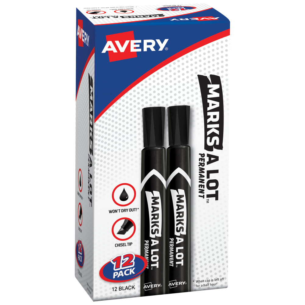 AVERY PRODUCTS CORPORATION 98028 Avery Marks A Lot Permanent Markers, Chisel Tip, Large Desk-Style Size, Black, Pack Of 12