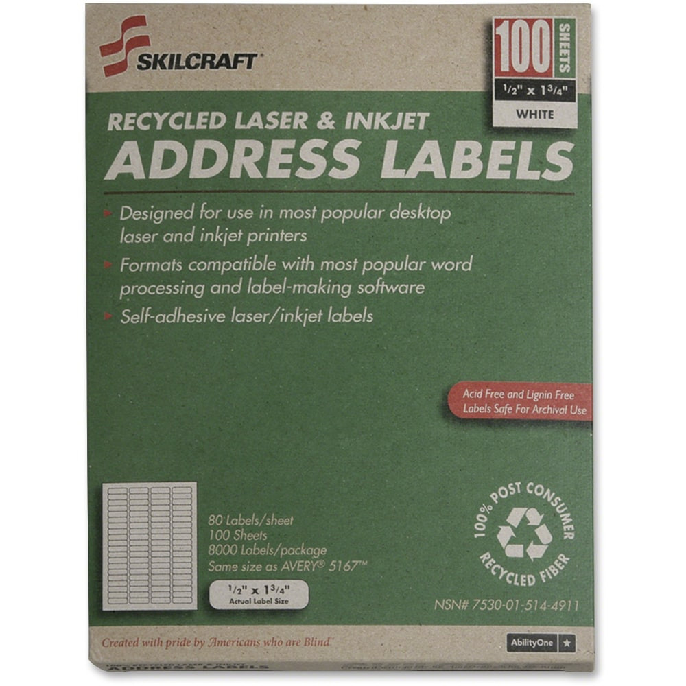NATIONAL INDUSTRIES FOR THE BLIND NSN5144911 SKILCRAFT Permanent Inkjet/Laser Address Labels, NSN5144911, Rectangle, 1/2in x 1 3/4in, White, Box Of 100 Sheets (AbilityOne 7530-01-514-4911)