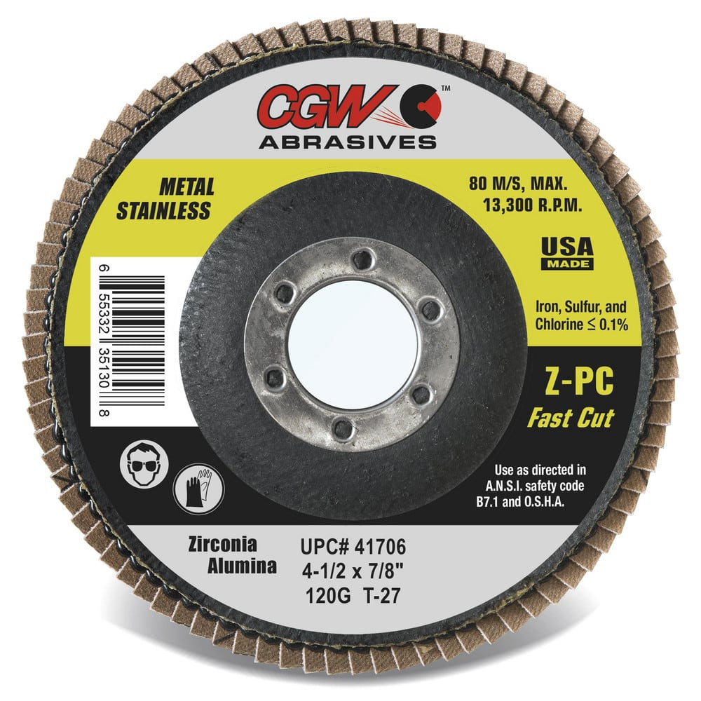 CGW Abrasives 41705 Flap Disc: 7/8" Hole, 80 Grit, Zirconia Alumina, Type 27