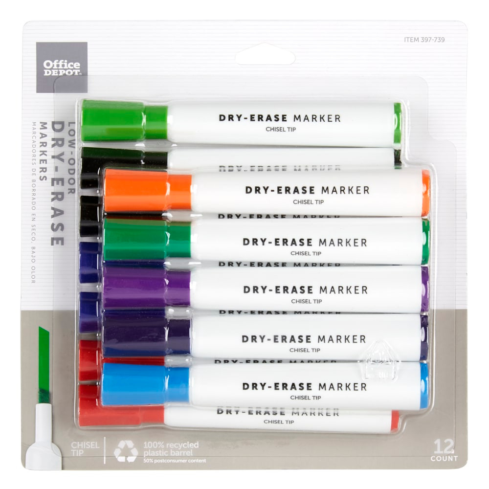 Low-odor dry-erase markers are ideal for classrooms and conference rooms.  Chisel point enables different line widths.  Wipes easily off of whiteboards, glass and other nonporous writing surfaces.  Certified AP nontoxic.  ACMI Certified AP Nontoxic. For detailed information see www.acmiart.org.  Less harsh chemicals - made with fewer harsh chemicals, or safer chemicals than typical alternatives, helping  reduce your use of and exposure to substances that may be more harmful to your health and the environment.  Contains Recycled Content - See Specs for Details.