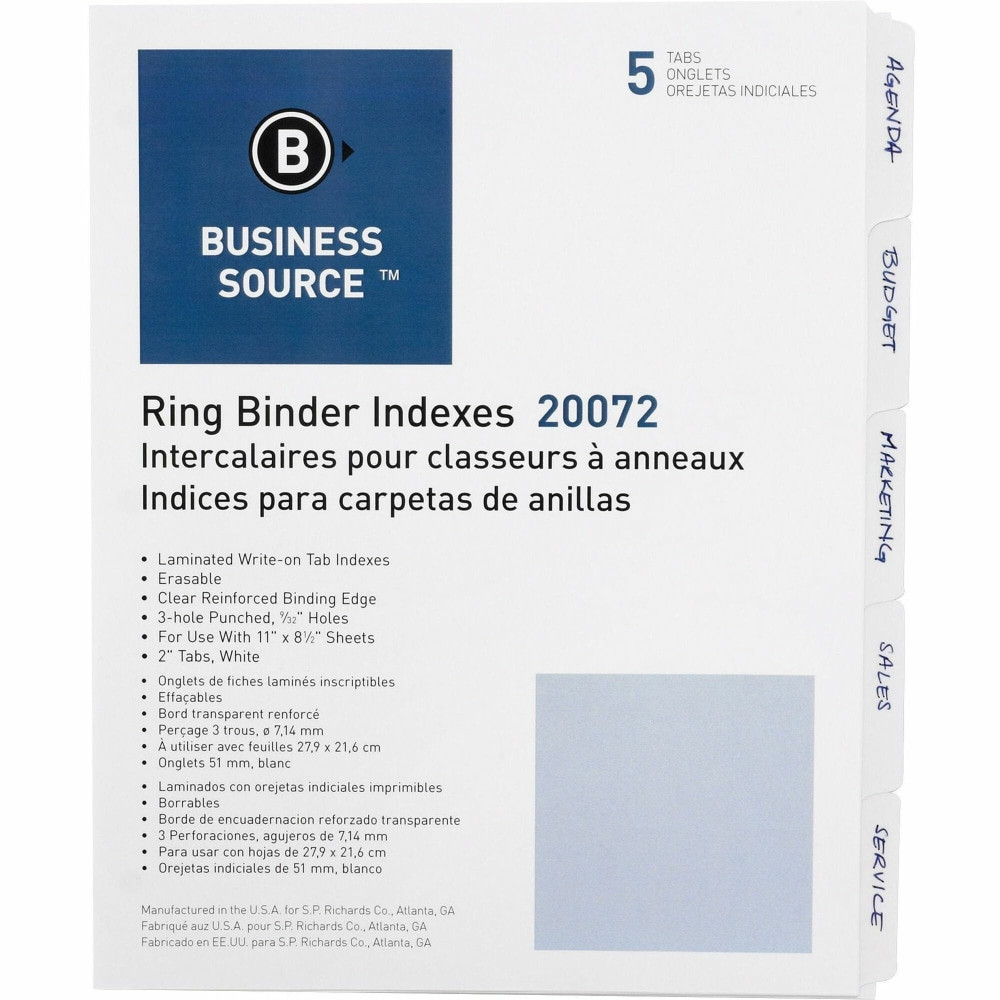 SP RICHARDS 20072 Business Source 3-Ring 5-Tab Erasable Tab Indexes - 5 Write-on Tab(s) - 2in Tab Width - 8.5in Divider Width x 11in Divider Length - Letter - 3 Hole Punched - White Divider - Mylar Tab(s) - 100% Recycled