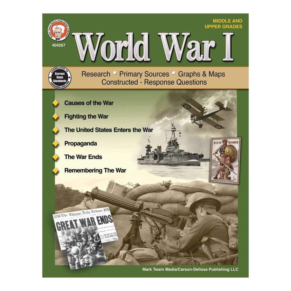 Teach your students about the events leading up to WWI and its significance in history. This social studies book contains a variety of opportunities for interactive learning that address national standards.  Helps students grasp the historical significance of World War I. Causes of the war, the Western Front, propaganda and other topics bring history to life in the classroom.  Engaging units allow students to conduct research, examine primary sources, interpret graphs and maps and respond to constructed response questions.  Meets Common Core standards for ELA and literacy in history and social studies.  Recommended for students in grades 6 through 12.