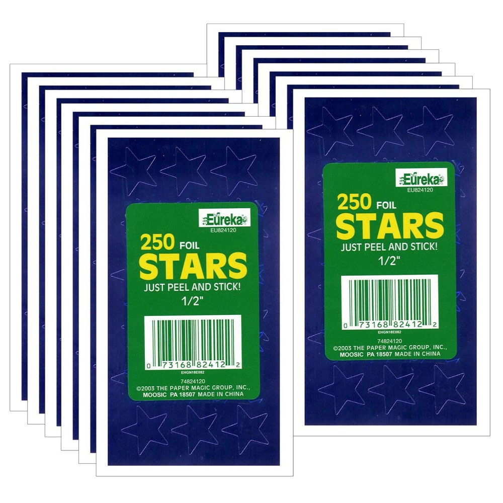 EDUCATORS RESOURCE Eureka EU-82412-12  Presto-Stick Foil Star Stickers, 1/2in, Blue, 250 Stickers Per Pack, Set Of 12 Packs