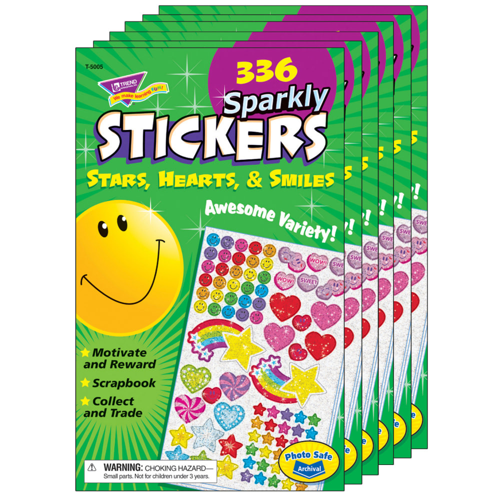 EDUCATORS RESOURCE Trend T-5005-6  Sticker Pads, Sparkly Stars, Hearts & Smiles, 336 Stickers Per Pad, Pack Of 6 Pads