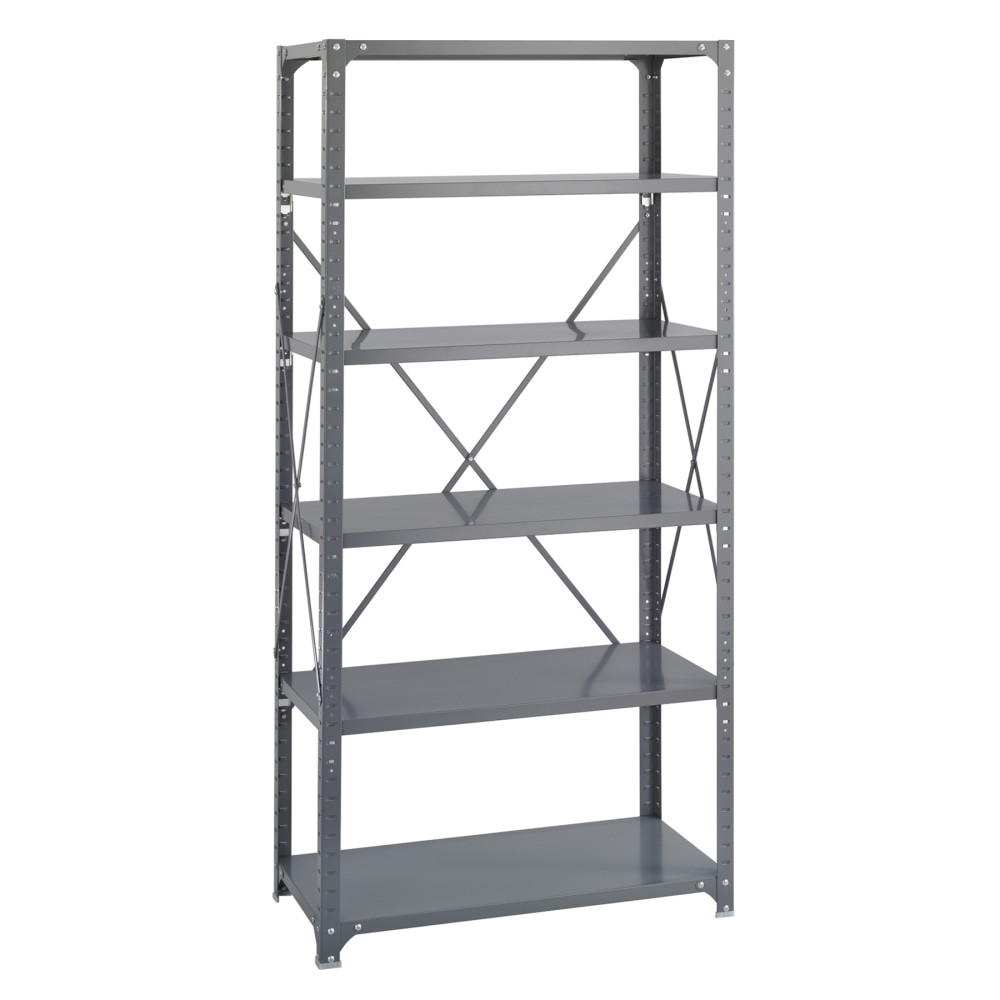 Includes 6 shelves, posts and compression clips  Shelves can be easily repositioned in 1in increments. Post kit includes four 75in high posts (must be ordered with each shelf pack).  Features corner brackets to help prevent rocking and improve overall stability.  Hat channel under every shelf helps increase strength.  Each shelf holds up to 750 lb.  GREENGUARD certified - certified for low chemical emissions: UL.COM/GG - UL 2818. Ranked in two tiers: Certified and Gold.  Less harsh chemicals - made with fewer harsh chemicals, or safer chemicals than typical alternatives, helping  reduce your use of and exposure to substances that may be more harmful to your health and the environment.