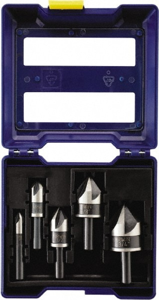 Irwin 1877793 Countersink Set: 5 Pc, 1/4 to 3/4" Head Dia, 5 Flute, 82 ° Included Angle