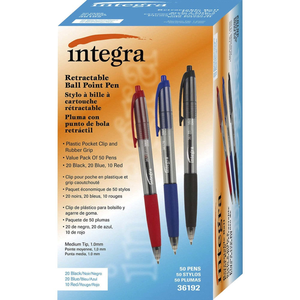 SP RICHARDS Integra 36192  Retractable Ballpoint Pens, Medium Point, 1.0 mm, Assorted Ink Colors, Pack Of 50 Pens