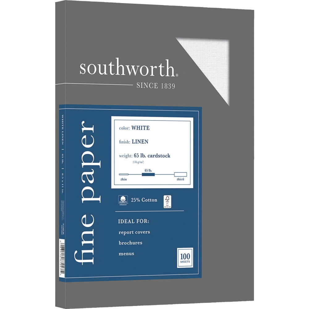 Create your own noteworthy custom letterheads or give important paperwork an executive-level appearance with this Southworth Fine Paper Cardstock. This paper features a crisp texture for high-quality prints and allows colored ink to stand out. Each sheet features a 65-pound paper weight, making it a smart option for frequently handled documents.  Fine paper cardstock is prefect for professional correspondence, letterhead paper, legal documents, business proposals and more  Paper weight: 65 lbs  Paper size: 8.5inW x 11inL  Each box contains 100 sheets  Compatible with most copiers, inkjet and laser printers.  Acid and lignin free.  Certified by the Forest Stewardship Council (FSC)  White Cardstock  Forest Stewardship Council (FSC) certified - made from wood/paper that comes from forests managed to rigorous environmental and social standards, supported by the worlds leading conservation organizations.  Leadership forestry - from forests or sourcing programs that meet specific environmental standards, helping you support practices that better protect forests and the environment.  Contains Recycled Content - See Specs for Details.