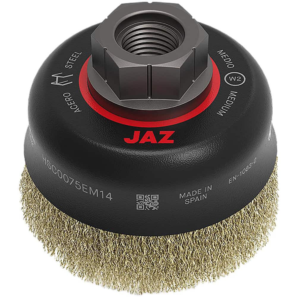 JAZ USA 73090 Cup Brushes; Brush Diameter (Decimal Inch): 3 ; Brush Type: Crimped ; Fill Material: Brass ; Arbor Type: Threaded Arbor ; Arbor Hole Thread Size: 5/8-11; M14x2.0 ; Grade: Medium