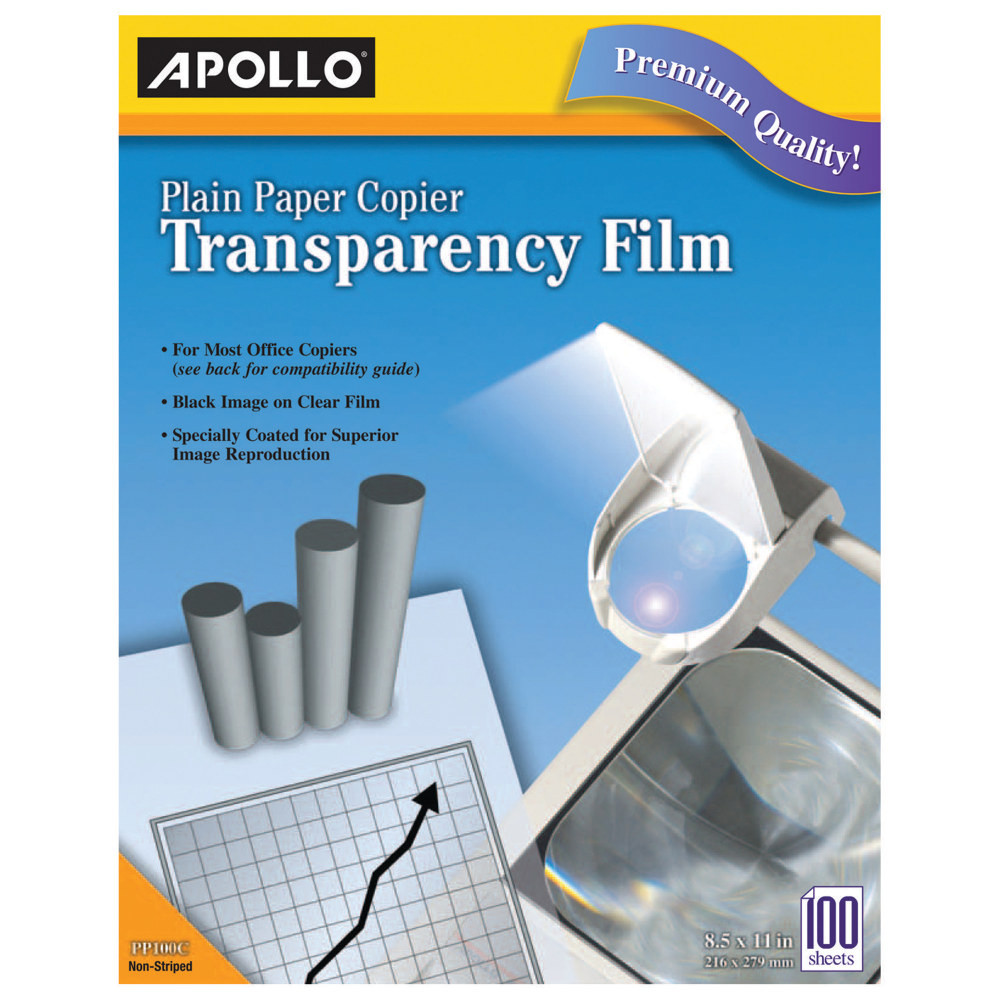 ACCO BRANDS USA, LLC Apollo PP100C  Plain Paper Copier Transparency Film, Black On Clear, Box Of 100