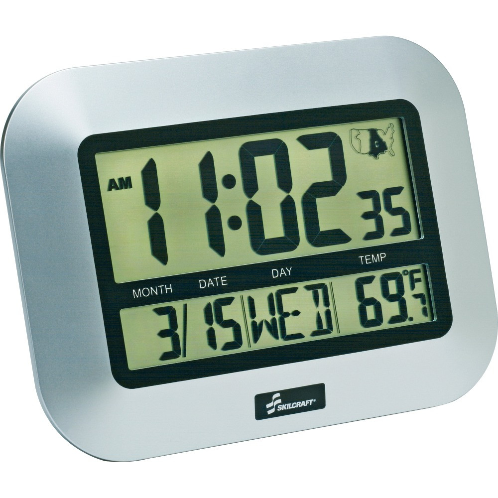 This clocks radio-controlled movement keeps highly accurate time on the digital LCD and includes dual alarms with a snooze function. Use it on your for desktop or hang it on a wall.  Features LCD time in standard or military format, date, day of week, year and indoor temperature in either Celsius or Fahrenheit.  Month, date and day of the week can be displayed in 1 of 8 different languages.  Uses 2 AAA alkaline batteries (not included).  Includes a fold-out stand for desktop display.