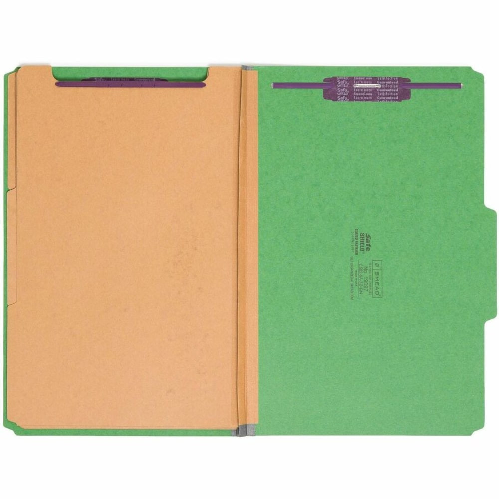 SMEAD MFG CO 19097 Smead Classification Folders, Top-Tab With SafeSHIELD Coated Fasteners, 3 Dividers, 3in Expansion, Legal Size, 50% Recycled, Green, Box Of 10