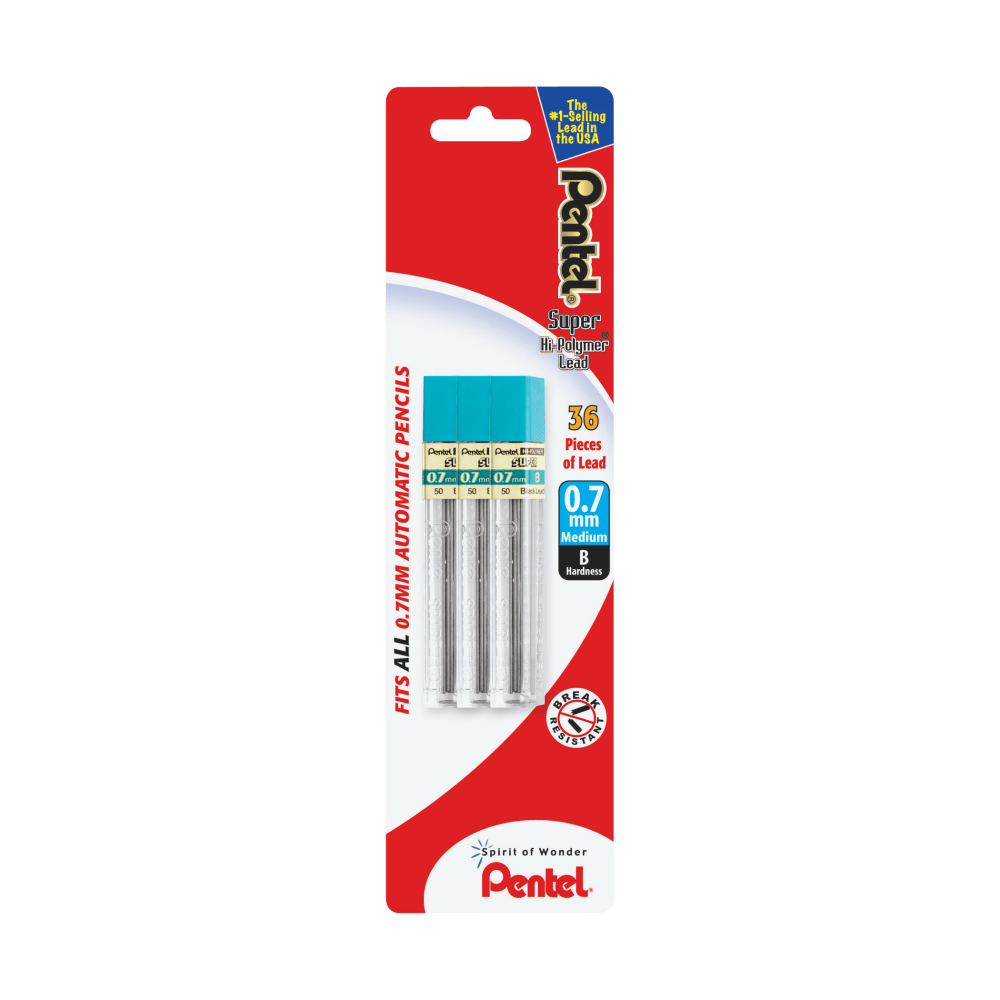 PENTEL OF AMERICA, LTD. Pentel PD345BP3-D36  Super Hi-Polymer Lead Refills, Medium Point, 0.7 mm, B Hardness, Pack Of 36 Refills