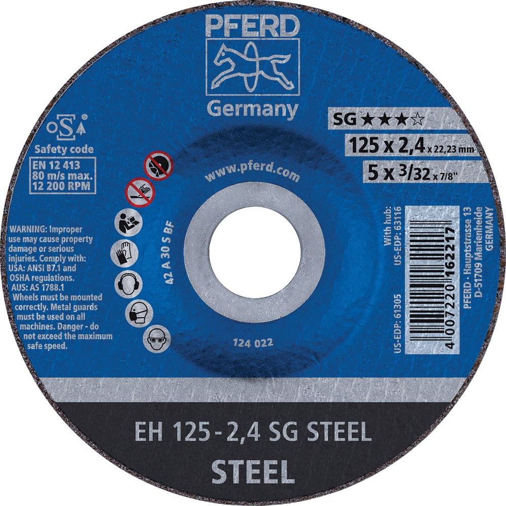 PFERD 61320222 Depressed Grinding Wheel:  Type 27 & Type 42,  5" Dia,  3/32" Thick,  7/8" Hole,  Aluminum Oxide