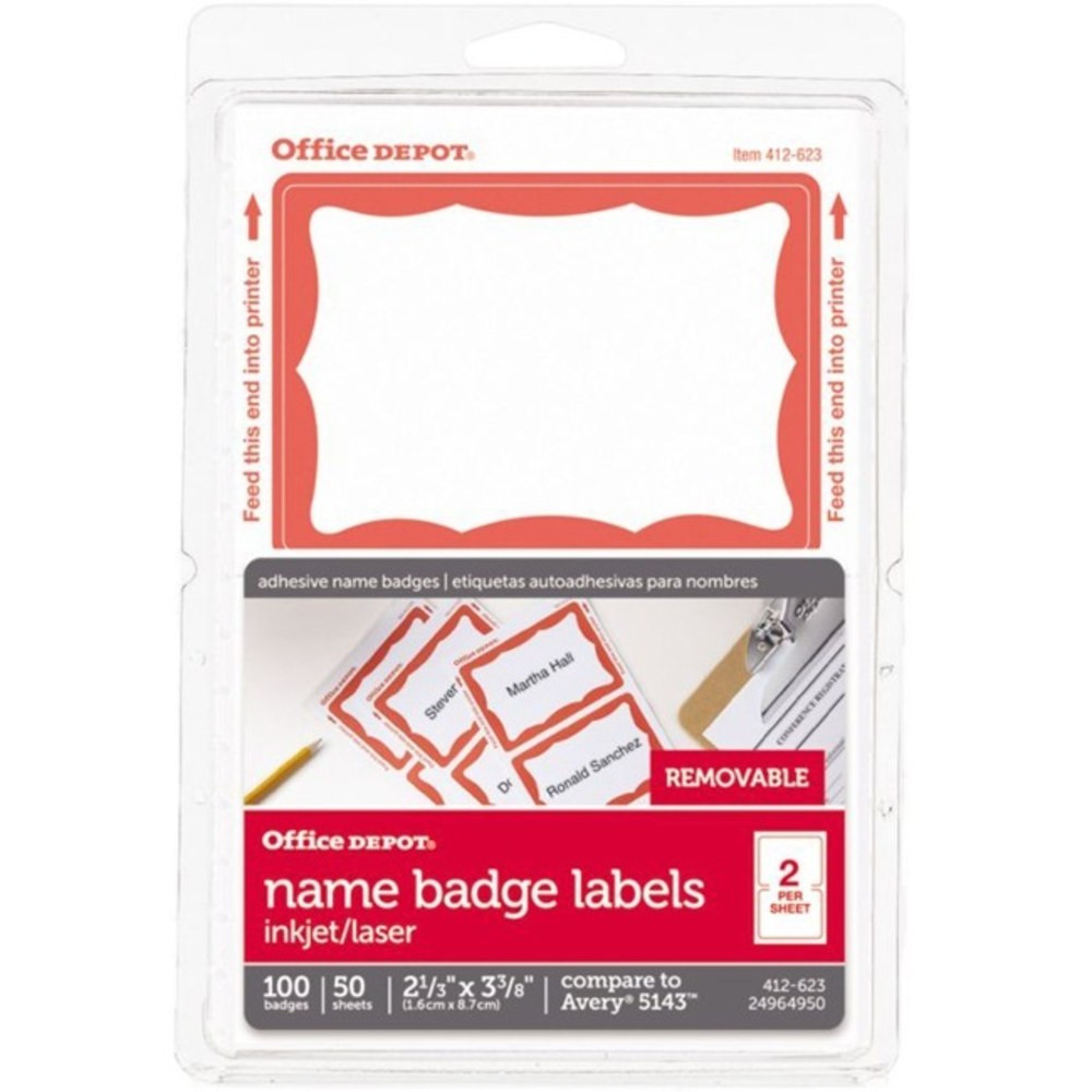 OFFICE DEPOT OD98837  Brand Name Badge Labels, 2 11/32in x 3 3/8in, Red Border, Pack Of 100