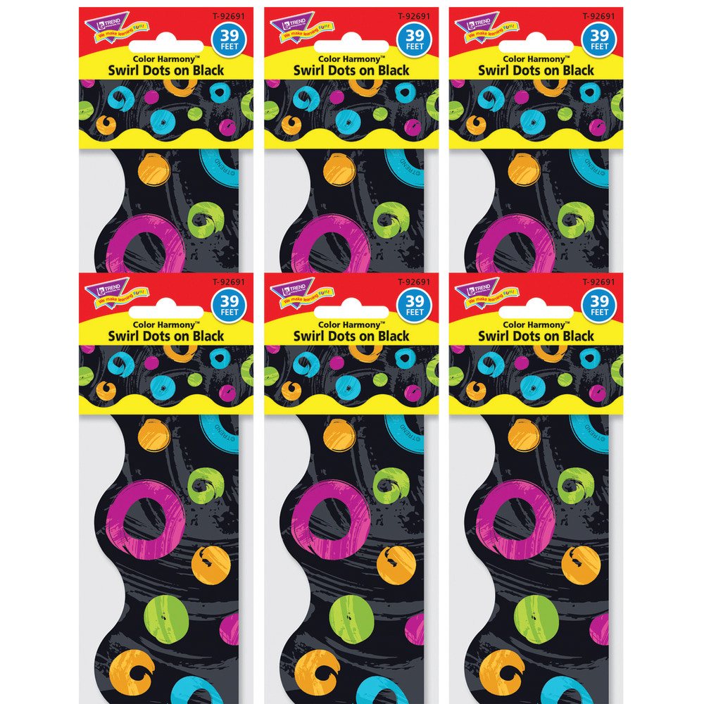 TREND ENTERPRISES INC Trend T-92691-6  Color Harmony Swirl Dots on Black Terrific Trimmers, 39 Feet Per Pack, 6 Packs