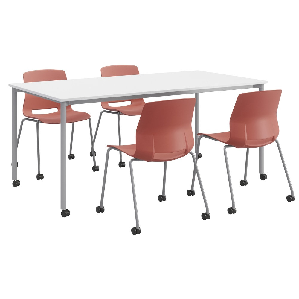 KENTUCKIANA FOAM INC KFI Studios 840031923806  Dailey Table And 4 Chairs, With Caster, White/Silver Table, Coral/Silver Chairs