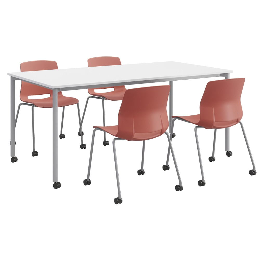 KENTUCKIANA FOAM INC 840031923806 KFI Studios Dailey Table And 4 Chairs, With Caster, White/Silver Table, Coral/Silver Chairs