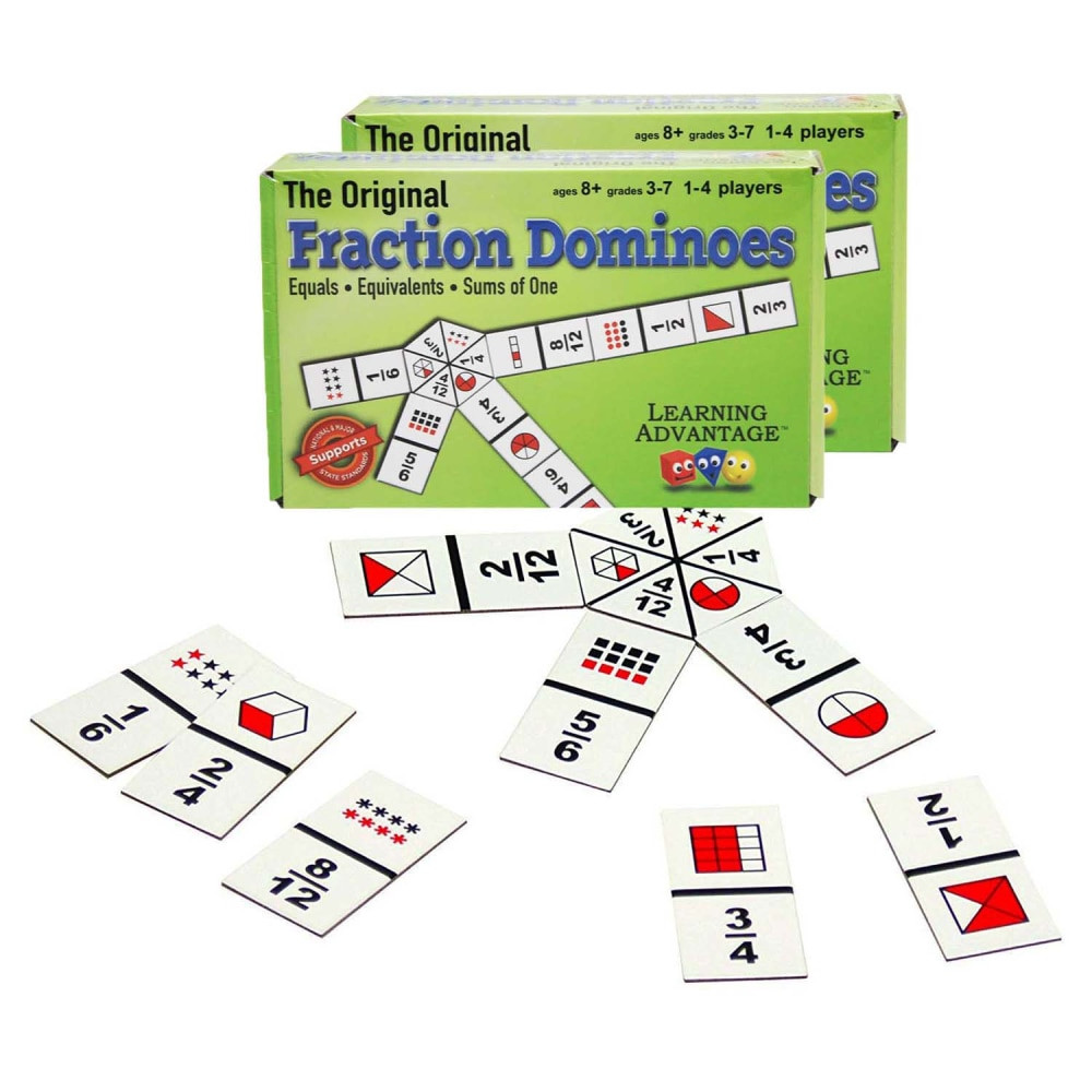 Enliven the day with Fraction Dominoes! This popular game is now enriched with new content to make it even more powerful! Six group and solitaire games offer experience in recognizing fractional parts, matching equivalent fractions, and building sums of "one."  The 49 dominoes and hexagonal starting board include both pictures and fractional numbers with denominators ranging from 2 to 12.  Fractions are shown as parts of wholes or parts of sets.  Hexagon-shaped starting board provides 50% more playing options than square boards.  Players must scan for options - a powerful way to build fractional parts recognition.  Three levels of difficulty included.  Supports state and national mathematical standards.  For 1-4 players.  Comes with 2 sets for multiple games at once.