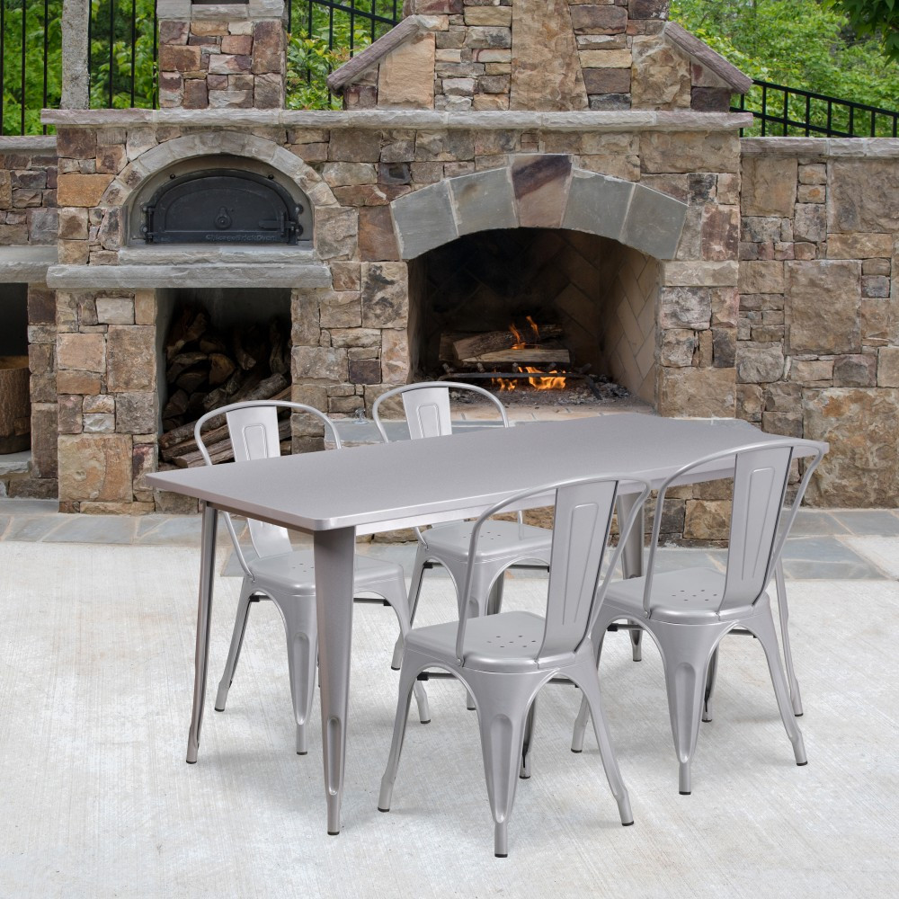 FLASH FURNITURE ETCT005430SIL  Commercial-Grade Rectangular Metal Indoor-Outdoor Table with 4 Stack Chairs, 29-1/2inH x 31-1/2inW x 63inD, Silver