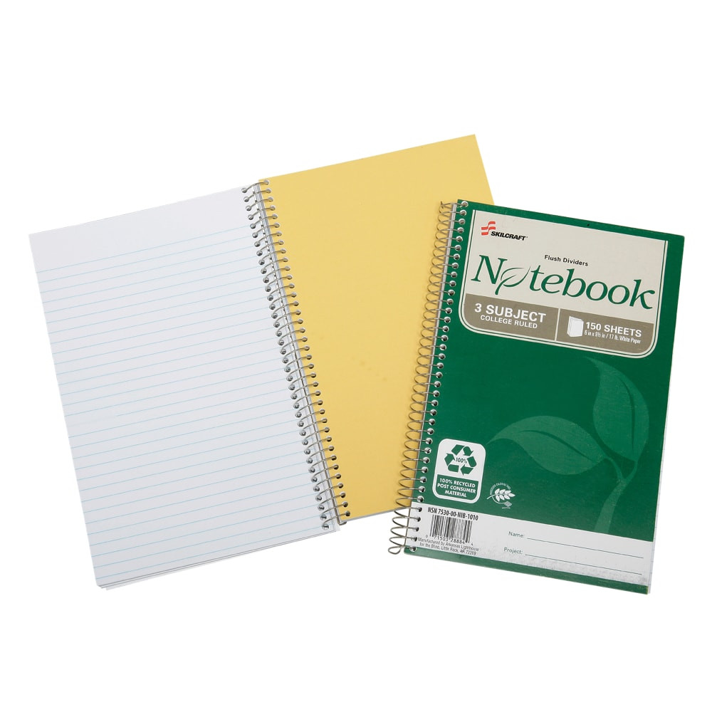 NATIONAL INDUSTRIES FOR THE BLIND 7530-01-600-2020 SKILCRAFT Spiral Notebook, 6in x 9-1/2in, 3 Subject, College Rule, 150 Sheets, 100% Recycled, Green, Pack of 3