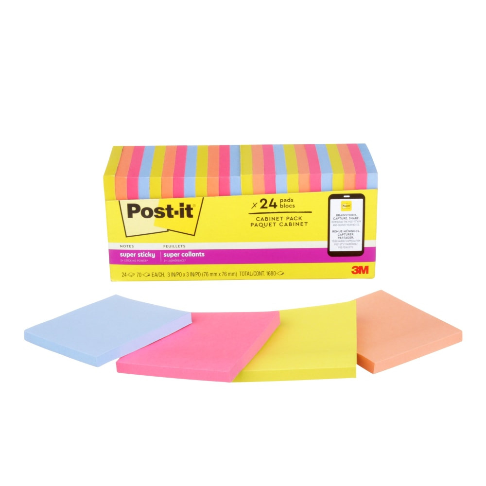 3M CO 654-24SSJOY-CP Post-it Super Sticky Notes, 24 Pads, 3 in x 3 in, 2x the Sticking Power, School Supplies and Office Products, Sticky Notes for Vertical Surfaces, Monitors, Walls and Windows, Summer Joy Collection