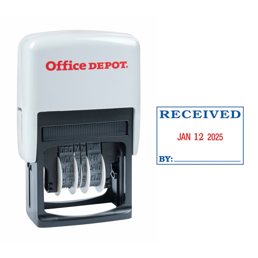 OFFICE DEPOT 098330  Brand Received Date Stamp Dater, Self-Inking With Extra Pad, 1in x 1-3/4in Impression, Red And Black Ink