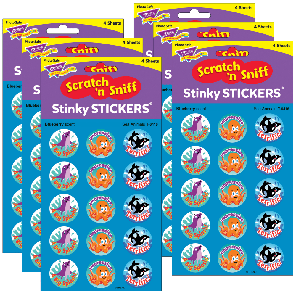 Add some fun to your classroom or home with these Trend Stinky Stickers. These stickers are fun to collect, or use for motivation for your kids.  Scratch N sniff fragrances, designs and shapes.  Acid-free and non-toxic.  Safe for use on photos.  Includes 60 stickers per pack in 3 designs. Sold as 6 packs for a total of 360 stickers.