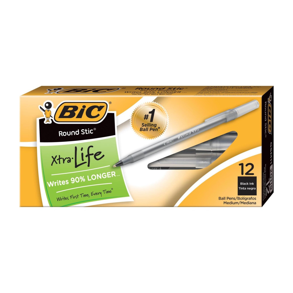 Combine longevity, consistent performance and smooth writing with BIC Round Stic Xtra Life Ballpoint Pens. These 1.0mm medium point pens write 90 percent longer on average compared to PaperMate InkJoy 100 stick ball pens* and are the No. 1 selling ballpoint pens in the US**. Creating clear, vivid lines, they're the ideal non-retractable pens for writing lists, taking notes, journaling and more. The flexible round barrel fits snugly in your hand and offers a controlled yet comfortable hold, making it ideal for prolonged writing sessions. Plus, these writing pens provide consistent ink flow, letting you write smoothly and evenly. With this 60-count pack of pens, you can stock up on dependable BIC ballpoint pens. Looking for reliable pens for school or office supplies? Choose BIC Round Stic Xtra Life Ballpoint Pens for a high-quality, affordable product you can trust - write first time, every time. *PaperMate and InkJoy are trademarks of Newell or an affiliate. Newell has not sponsored or approved and is not affiliated with this BIC branded product. **The NPD Group/Retail Tracking Service and Commercial Tracking Service, U.S., based on actual unit sales, 12ME June 2022 combined.  Versatile 1.0mm medium point pens write 90 percent longer than PaperMate InkJoy 100 pens and are No. 1 selling ballpoint pens in the US  Reliable BIC pens that spread the black ink smoothly and evenly, providing consistent ink flow  Writing pens with a translucent barrel shows the current ink supply, so you can know when to grab a new pen from the pack  Dependable ball point pens bulk pack with a round, comfortable barrel design and frosted cap - a sleek, practical pen choice for office or school supplies  One 12-count pack of BIC Round Stic Xtra Life Black Ballpoint Pens.  Reliable BIC ballpoint pen that spreads black ink smoothly and evenly, providing consistent ink flow, making it great writing and drawing pen.  Writing pens with a translucent barrel shows the current ink supply, so you can know when to grab a new pen from the pack.  Dependable ball point pens bulk pack with a round, comfortable barrel design and frosted cap - Best pens for business and note taking.  Refillable - designed to be used repeatedly, helping you avoid single-use disposables and potentially save money.