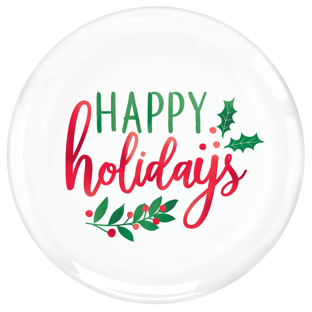 AMSCAN CO INC 430783 Amscan Christmas Happy Holidays 7-1/2in Coupe Plates, White, Pack Of 20 Plates