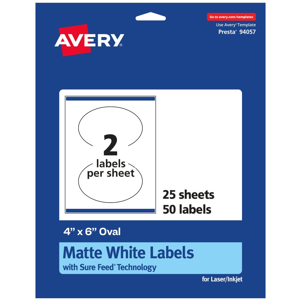AVERY PRODUCTS CORPORATION 94057-WMP25 Avery Permanent Labels With Sure Feed, 94057-WMP25, Oval, 4in x 6in, White, Pack Of 50