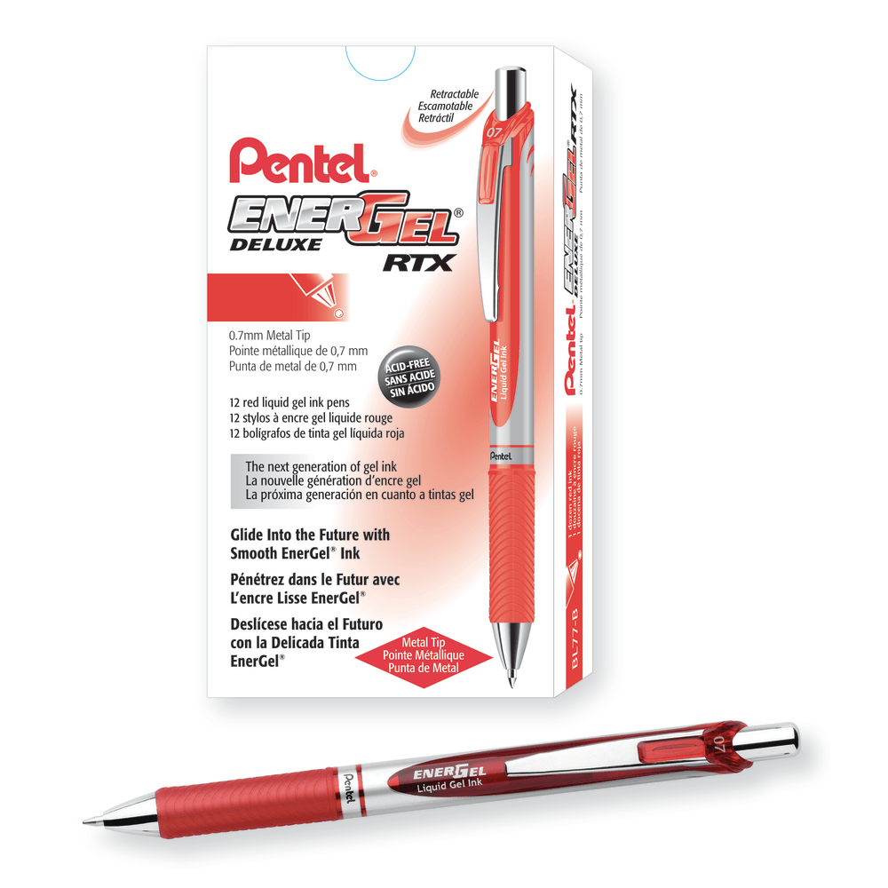 PENTEL OF AMERICA, LTD. BL77BDZ Pentel EnerGel Retractable Liquid Gel Pens, Medium Point, 0.7 mm, Silver Barrel, Red Ink, Pack Of 12