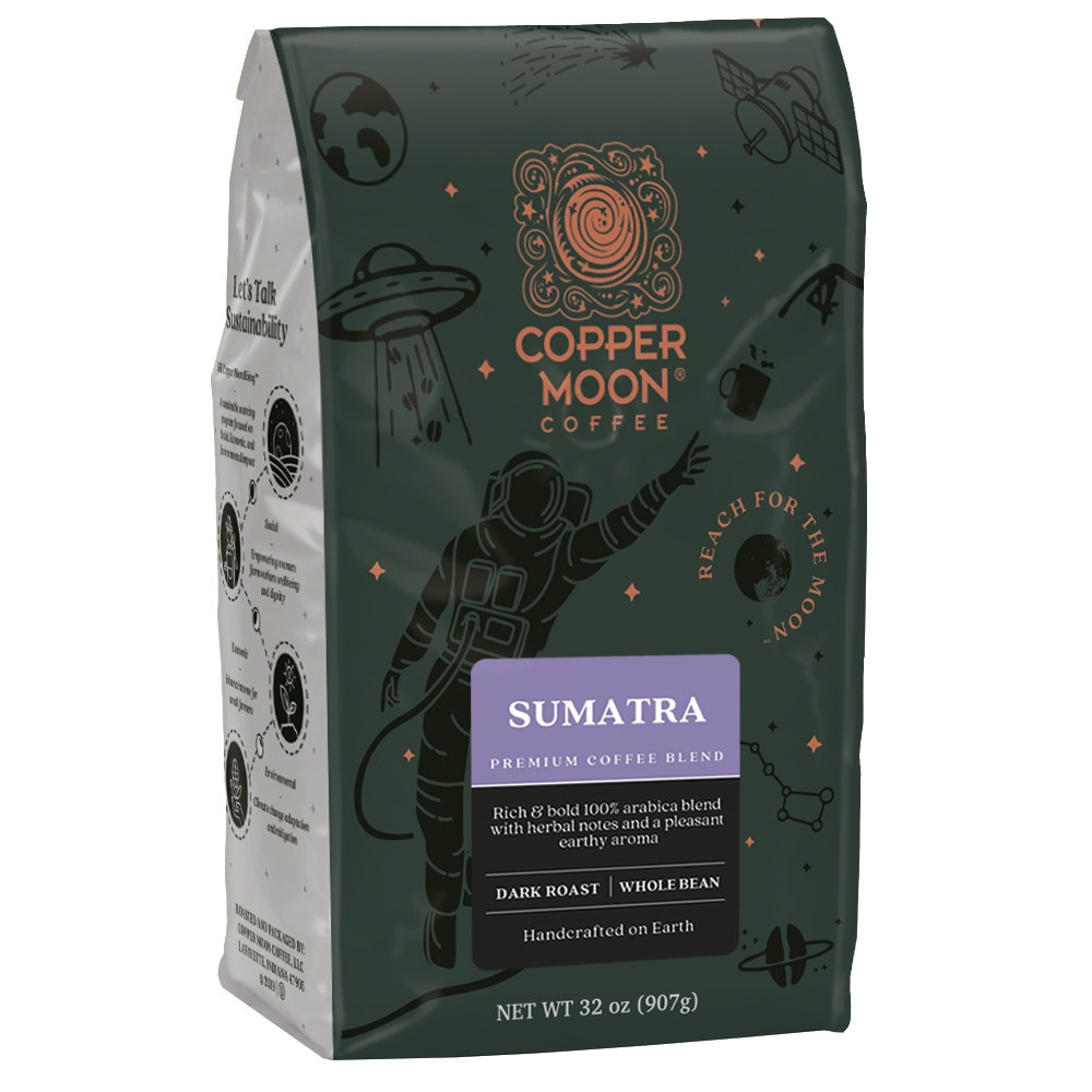 GLOBAL MARKETING PARTNERS Copper Moon 260144  World Coffees Whole Bean Coffee, Sumatra, 2 Lb Per Bag, Carton Of 4 Bags