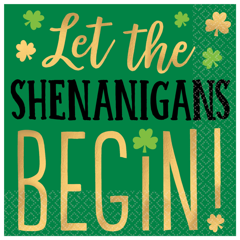 AMSCAN CO INC Amscan 50777734  St. Patricks Day 2-Ply Beverage Napkins, 5in x 5in, Shenanigans, 16 Napkins Per Sleeve, Pack Of 4 Sleeves