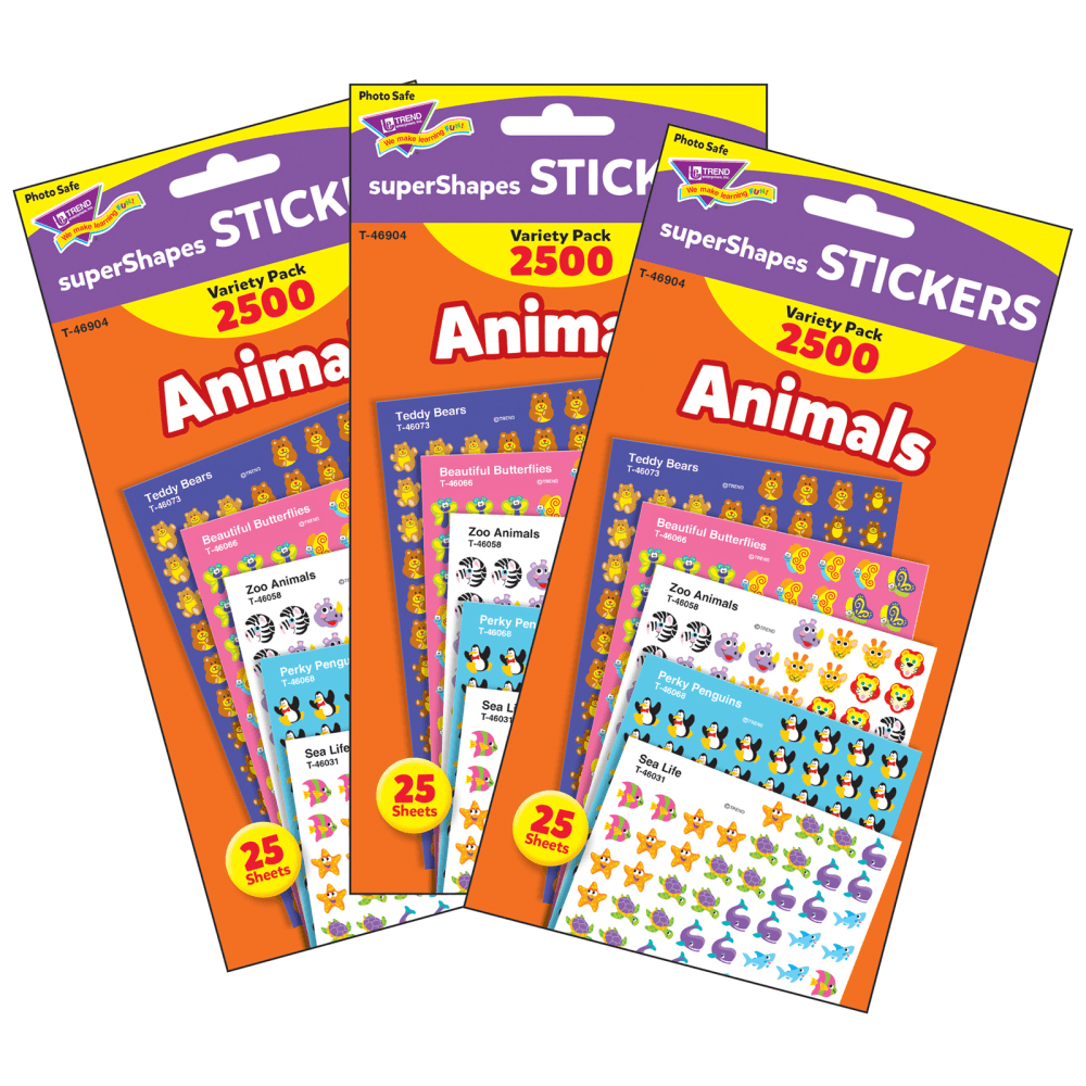 EDUCATORS RESOURCE Trend T-46904-3  superShapes Stickers, Animals Variety Pack, 2,500 Stickers Per Pack, Set Of 3 Packs