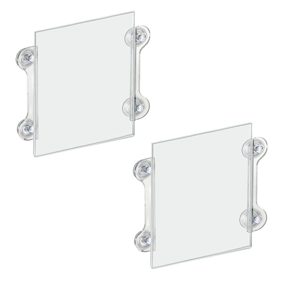 These Clear Acrylic Window Sign Holders with Suction Cups are very popular for retail stores, schools, and businesses. The high quality suction cups ensure long-term holding power. For best results, apply to a clean, non-porous surface. The sign holders with suction cups are double sided and ideal for glass doors and windows. Easily print your graphic or message and insert into the sign holder to keep it protected from the elements. You can use both sides at the same time to post signage that will be visible on either side of the glass window or door. Simply insert your document on the top or side of the sign holder and swap out easily without taking the signs down. Let customers know you are open and display your store hours on your door entrance. Advertise a new promotion or display important information so your customers can see it on the way in and out of your store. Give directive for delivery and curbside pickup that is highly visible to your customers. These glass mount suction cup sign holders comes with suction cups that have been field tested and proven to hold long term when used on non-porous surfaces such as glass. The new suction cup design is sleek and modern and the clear transparent unit will match any decor. Versatile and easy to use.  Made from high quality acrylic.  Sold in packs of 2.  Graphics are top loaded.  Designed to hold signs measuring 11in x 8 1/2in.