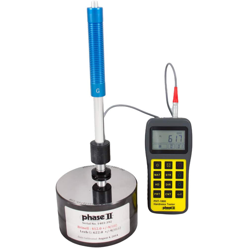 Phase II PHT-1850 Bench Top Hardness Testers; Scale Type: HRB; HB; HV; Leeb; HRC ; Minimum Hardness: 20 HRC ; Maximum Hardness: 70 HRC ; Display Type: LCD ; Indenter Type: Carbide Ball ; Accuracy (Hours): 1.5 to 4