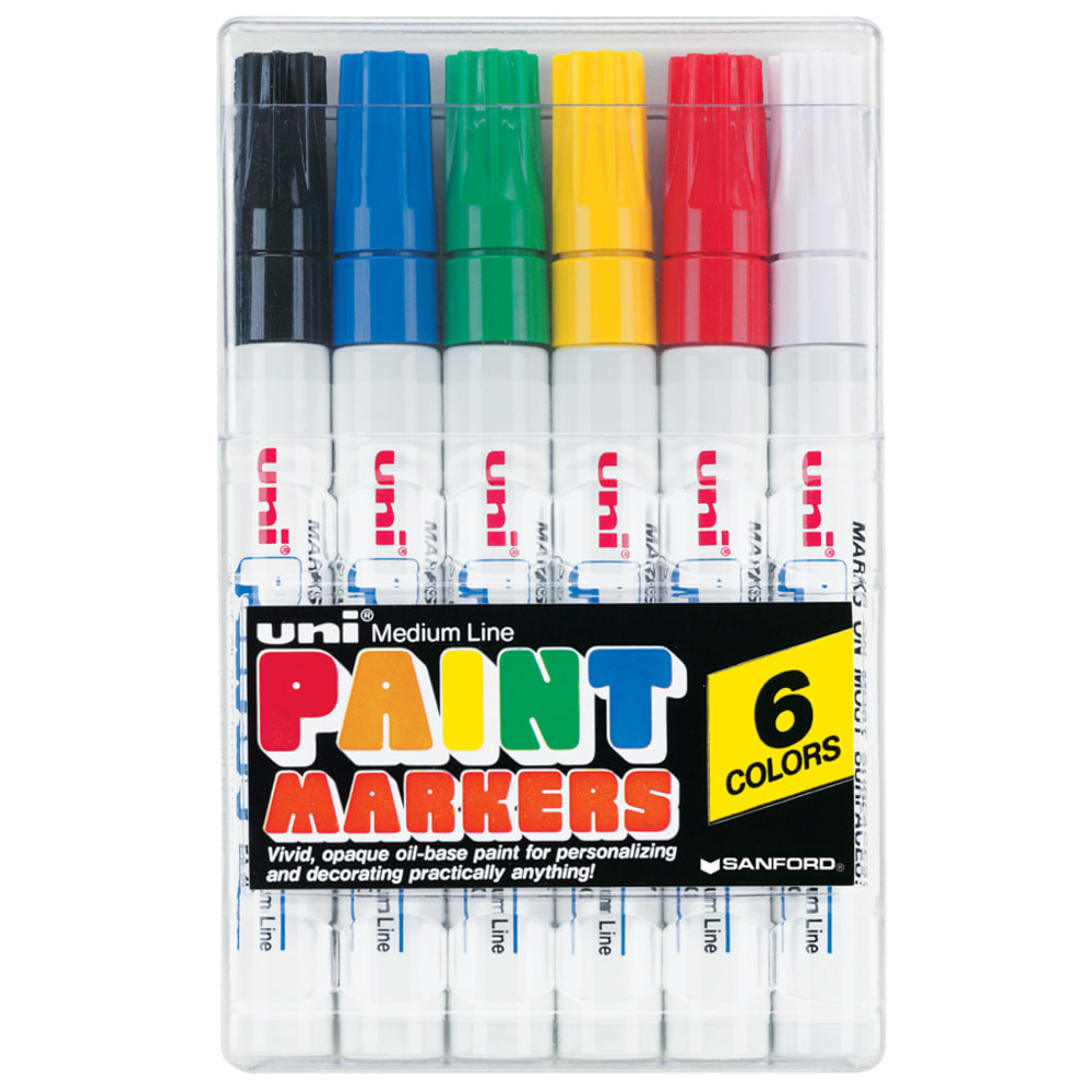 Designed to create attention-grabbing posters and drawings, these Sanford Uni-Paint markers can be used on virtually any surface, turning the world into your canvas. The fade-resistant ink in these Sanford markers create bold, easy-to-see lines that help you showcase your artistic vision.  These Sanford color markers have an oil-based ink that creates opaque, glossy marks on light or dark surfaces.  Can be used on glass, metal, wood, rubber, stone, plastic, paper, vinyl, leather, canvas and more.  Fade-, water- and abrasion-resistant.  Made with fewer harsh chemicals.  Medium bullet tip.  Comes in a pack of 6 assorted markers.