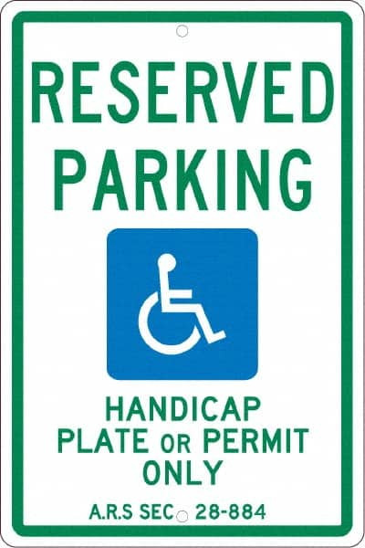 AccuformNMC Reserved Parking Sign: Rectangle, "Reserved Parking Handicap Plate Or Permit Only A.R.S SEC 28-884" TMS305H