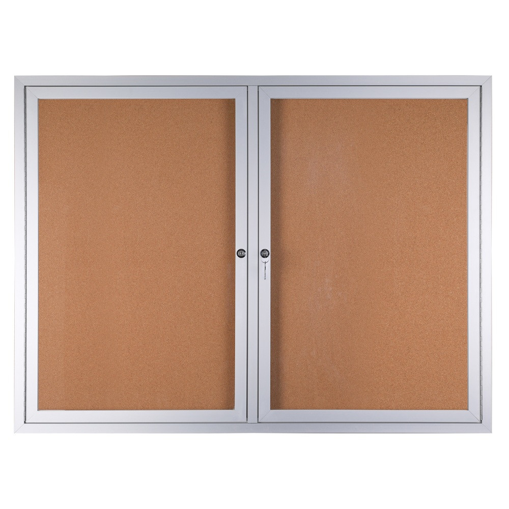 Keep your messaging readily visible with the WorkPro Enclosed Double-Door Cork Bulletin Board communication method for school, workplace, and community areas.  Enclosed bulletin board with sturdy swing-out doors that lock for secure access to announcements, schedules, and other notices.  Shatter-resistant glass holds up to frequent use.  Natural cork bulletin board surface keeps a reliable hold on pushpins and tacks.  Wall-mount hanging system included.  Includes two keys.