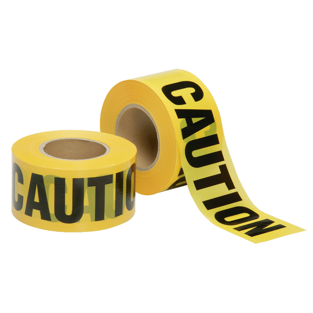 Designate prohibited areas  "CAUTION" is printed in black letters on a yellow background.  Cardboard dispenser. Helps keep tape from unraveling in storage.  Made of premium-grade polyethylene. Does not include adhesive.
