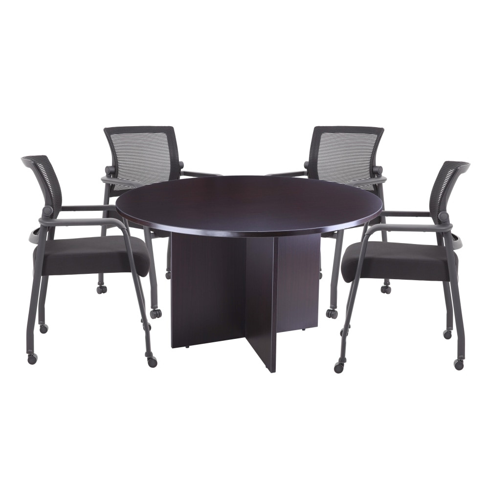 NORSTAR OFFICE PRODUCTS INC. Boss GROUP123MOC-B  Office Products 47in Round Table And Mesh Guest Chairs With Casters Set, Mocha/Black