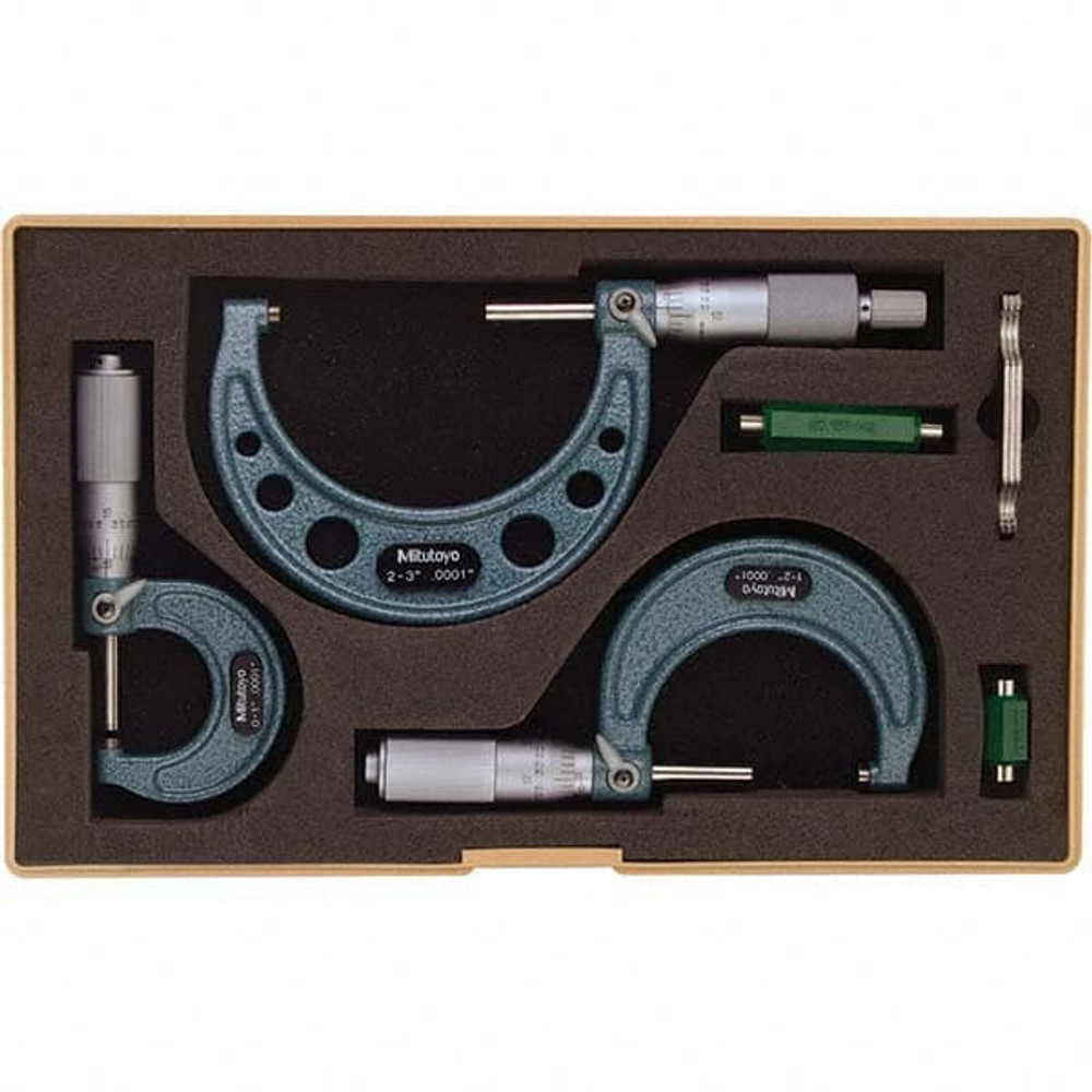 Mitutoyo 103-922CAL Mechanical Outside Micrometer Set: 3 Pc, 0 to 3" Measurement