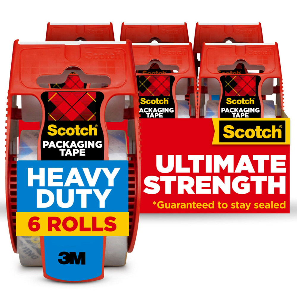 Now even the heaviest packages can withstand rough handling. Our Scotch Heavy Duty Shipping Packaging Tape holds strong on all box types, including 100% recycled boxes. Its even guaranteed to stay sealed.* The strong, tough, solvent-free hot melt adhesive locks in your heavy duty contents and locks out everything else. This tape resists splitting and tearing and the included dispenser includes fall-back tabs to help ensure the tape doesnT fall back on the roll. You don"t need layers of tape to get the job done-just one strip at a time-so you save time. Your heavy packages can bear the weight and stay sealed through it all with Scotch Heavy Duty packaging tape.  GUARANTEED TO STAY SEALED*: Boxes sealed with Scotch Heavy Duty Packaging Tape are guaranteed to stay sealed. (If your box does not stay sealed, 3M will refund the purchase price of this tape. Proof of purchase required. Call 1-800-3M-HELPS)  BEST-SELLING: Scotch Brand is Americas #1 selling Packaging  Tape Brand, based on NPD 2022 full year packaging tape category sales  MOST TRUSTED BRAND: Scotch Brand is the Most Trusted, Most Recommended and Most Preferred brand of Packaging Tape in the USA, based on a 2022 Scotch Brand Health Study of Packaging Tape Purchasers  SUPER STRONG HOLDING POWER: Provides excellent holding power for heavy-duty packaging and shipping. Strong, durable solvent-free adhesive seals and protects  MADE TO SHIP: Designed with industrial strength adhesive that can withstand rough handling  CLEAR: Clear to the core, clear on boxes  DURABLE THICKNESS: Typical thickness 3 mil  ONE STRIP AND IT SHIPS: You don"t need layers of tape to get the job done - just one strip each seam top and bottom - so you save time  HASSLE-FREE: Included dispenser includes fall-back tabs to help ensure the tape doesnT fall back on the roll and will be  aready-to-roll for the next use  RECYCLED CONTENT: Dispenser contains 80% recycled content  SCOTCH BRANDs #1 BEST-SELLING TAPE TYPE: Heavy Duty is our #1 selling Scotch Brand Packaging Tape based on 2022 global consumer sales of Scotch Brand consumer packaging tapes  Made in the USA with Globally Sourced Materials  Includes refillable hand-held packaging tape dispensers.